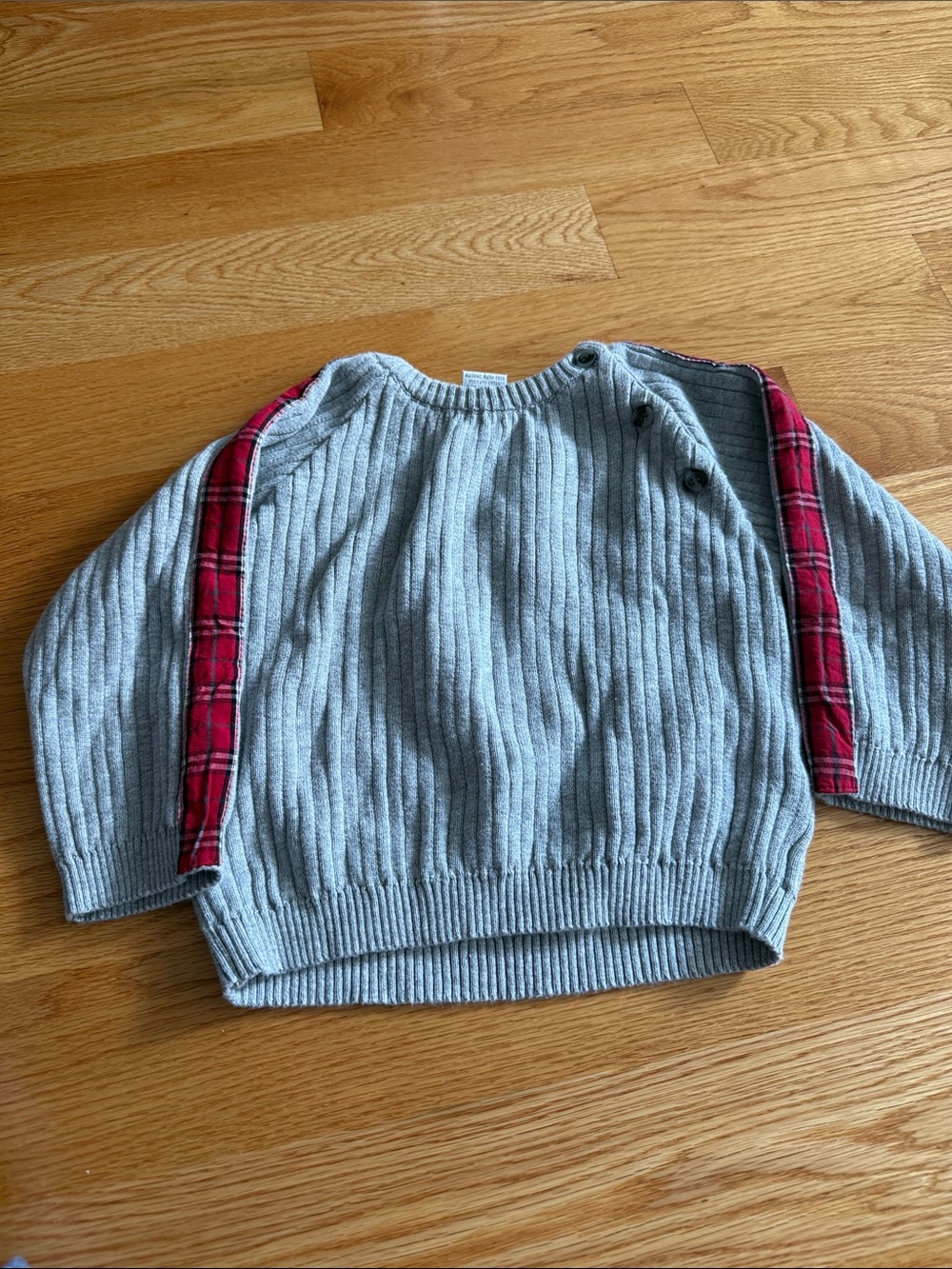 Casual Gray Ribbed Boys Sweater with Red Plaid Trim